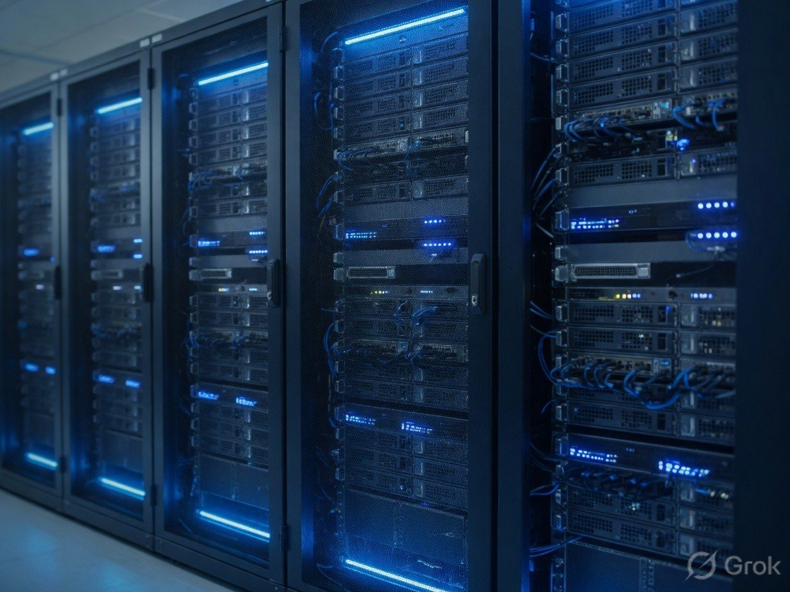 Enterprise data center infrastructure with blue server lighting