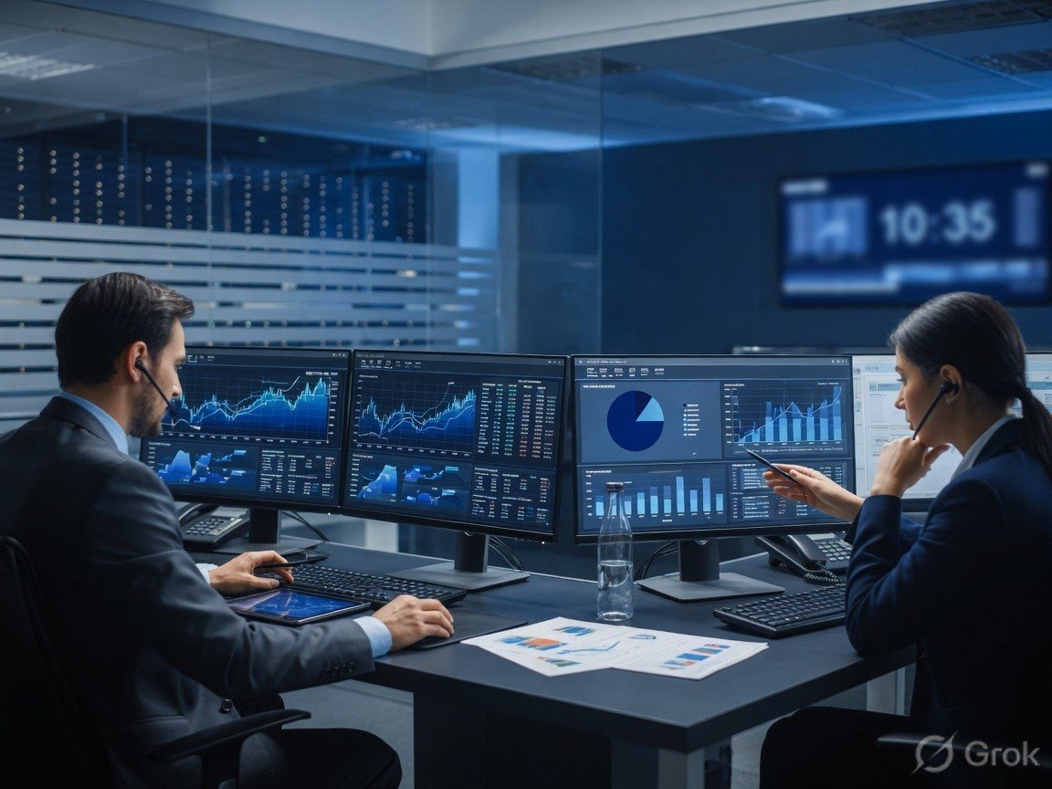 Banking technology professionals reviewing financial systems