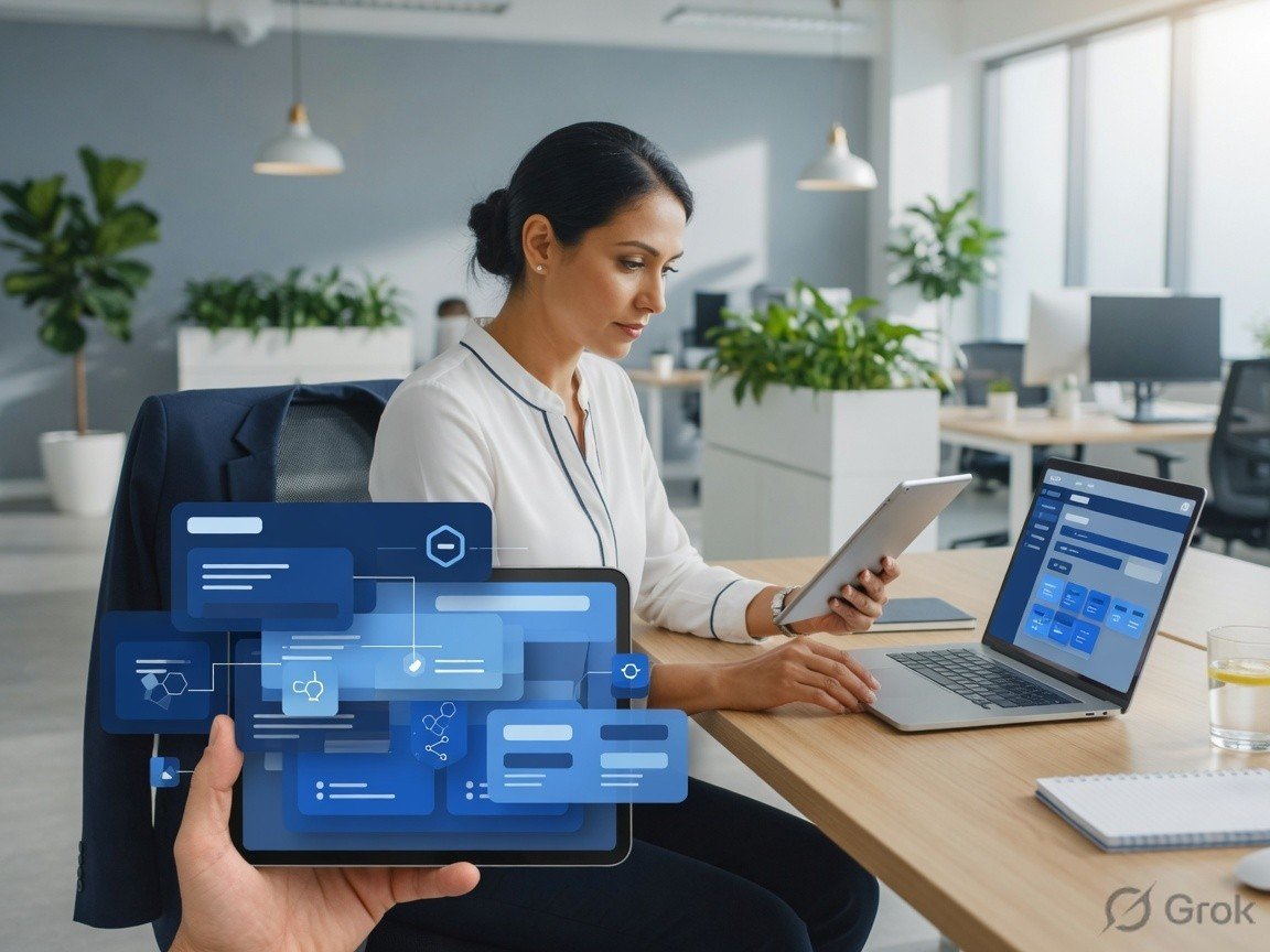 Professional using enterprise applications on tablet and laptop