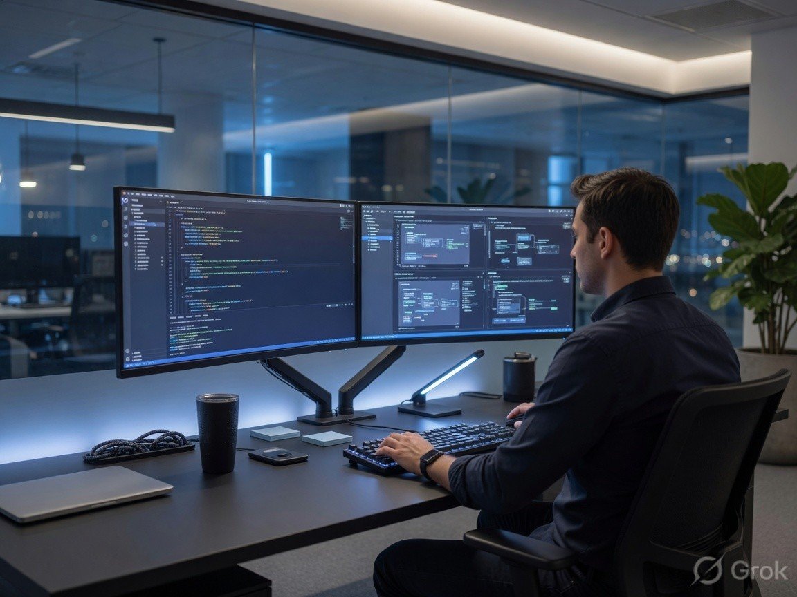 Software developer working on dual monitors for custom IT development
